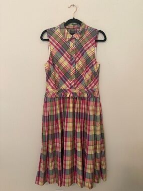 J. Crew Spring Plaid Sleeveless Midi Dress Sz 8 Ruffles Preppy Classic